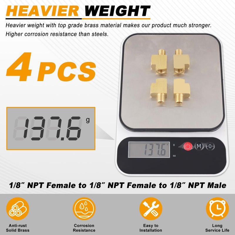 KOOTANS 4 Pack Brass Tee Fittings 1/8" NPT Female to 1/8" NPT Female to 1/8" NPT Male Barstock Street Tee Fittings 3 Way Brass Pipe Fitting - Image 5